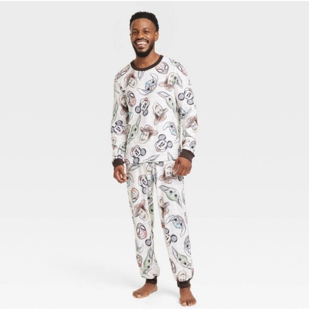 Men's Disney 100 Character Mash up 2pc Matching Family Pajama Set - White L
